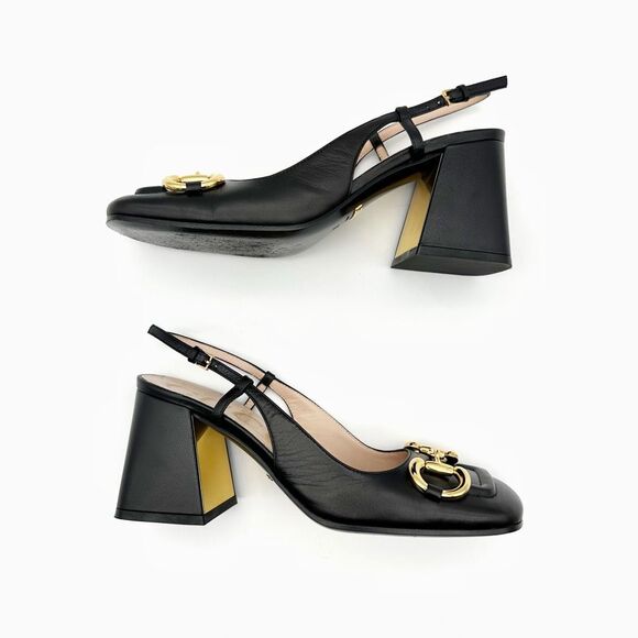GUCCI Black Baby Bit Horsebit Square Toe Slingback Heel Size 36 Leather Block - Picture 7 of 11